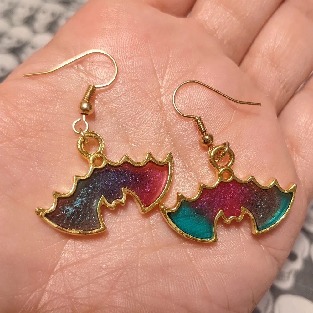 Rainbow Bats Earrings Gold Resin Galaxy Handmade Halloween - Picture 4 of 15